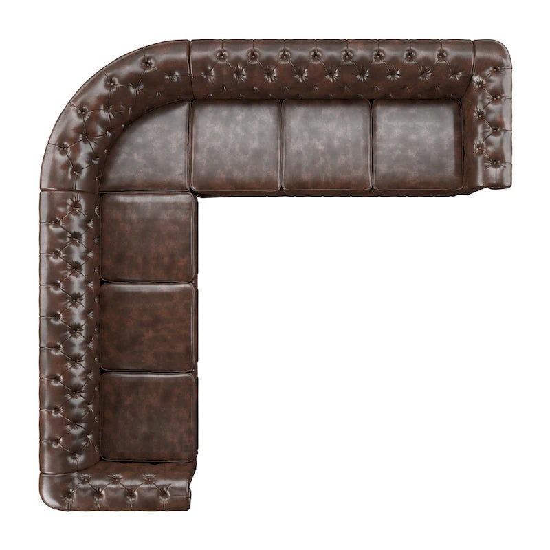 Beige / Grey / Brown Linen, Velvet & Leather Chesterfield L-Shaped Sectional, 7-Seat