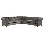 Beige / Grey / Brown Linen, Velvet & Leather Chesterfield L-Shaped Sectional, 7-Seat