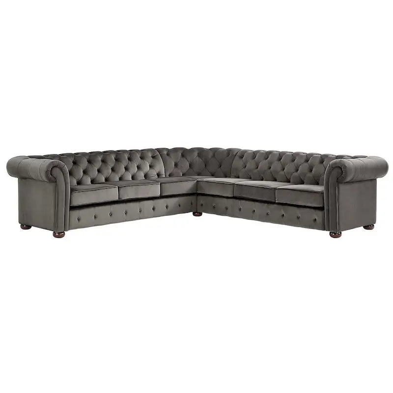 Beige / Grey / Brown Linen, Velvet & Leather Chesterfield L-Shaped Sectional, 7-Seat