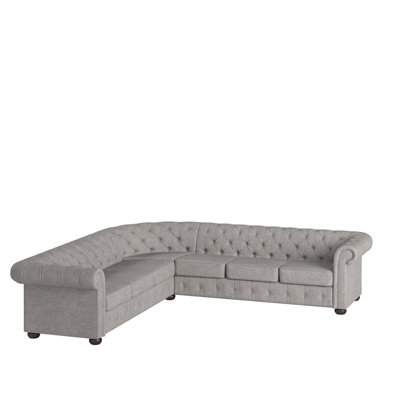 Beige / Grey / Brown Linen, Velvet & Leather Chesterfield L-Shaped Sectional, 7-Seat
