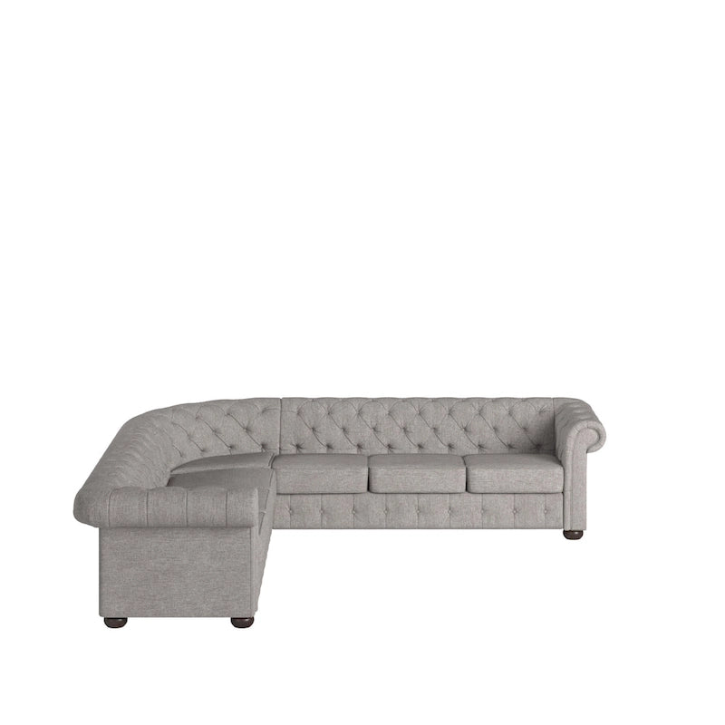Beige / Grey / Brown Linen, Velvet & Leather Chesterfield L-Shaped Sectional, 7-Seat