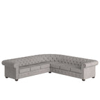 Beige / Grey / Brown Linen, Velvet & Leather Chesterfield L-Shaped Sectional, 7-Seat