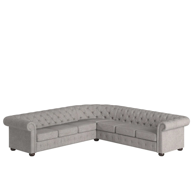 Beige / Grey / Brown Linen, Velvet & Leather Chesterfield L-Shaped Sectional, 7-Seat