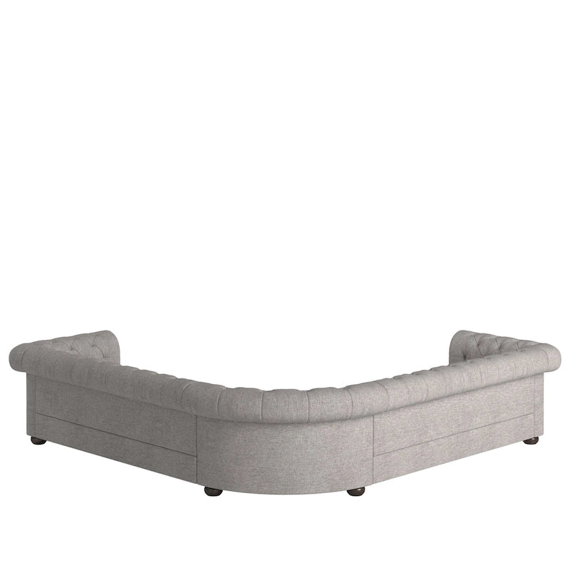 Beige / Grey / Brown Linen, Velvet & Leather Chesterfield L-Shaped Sectional, 7-Seat