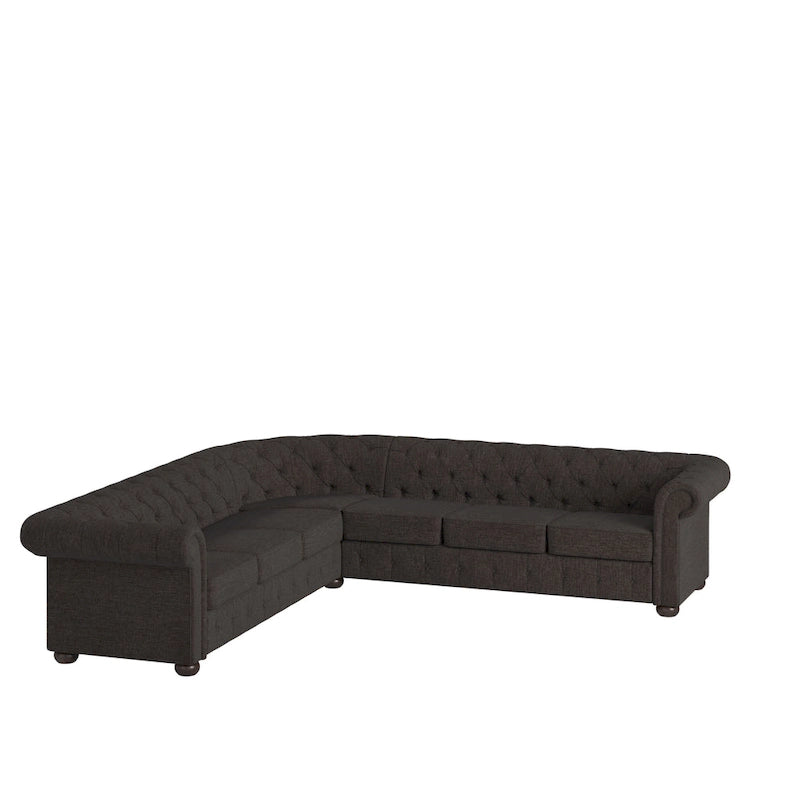 Beige / Grey / Brown Linen, Velvet & Leather Chesterfield L-Shaped Sectional, 7-Seat