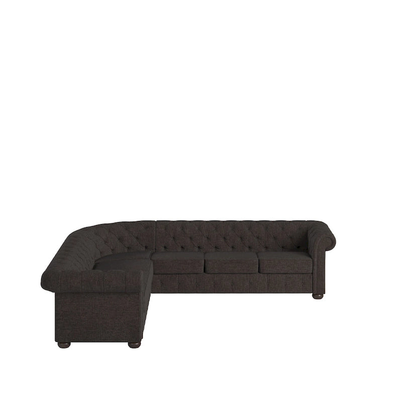 Beige / Grey / Brown Linen, Velvet & Leather Chesterfield L-Shaped Sectional, 7-Seat