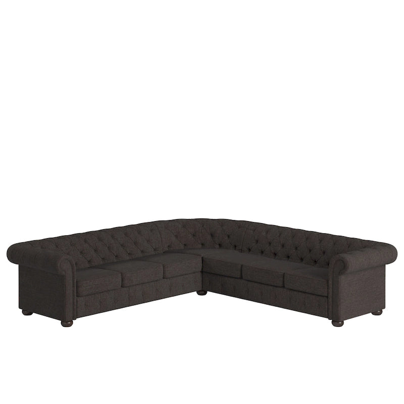 Beige / Grey / Brown Linen, Velvet & Leather Chesterfield L-Shaped Sectional, 7-Seat