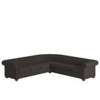 Beige / Grey / Brown Linen, Velvet & Leather Chesterfield L-Shaped Sectional, 7-Seat