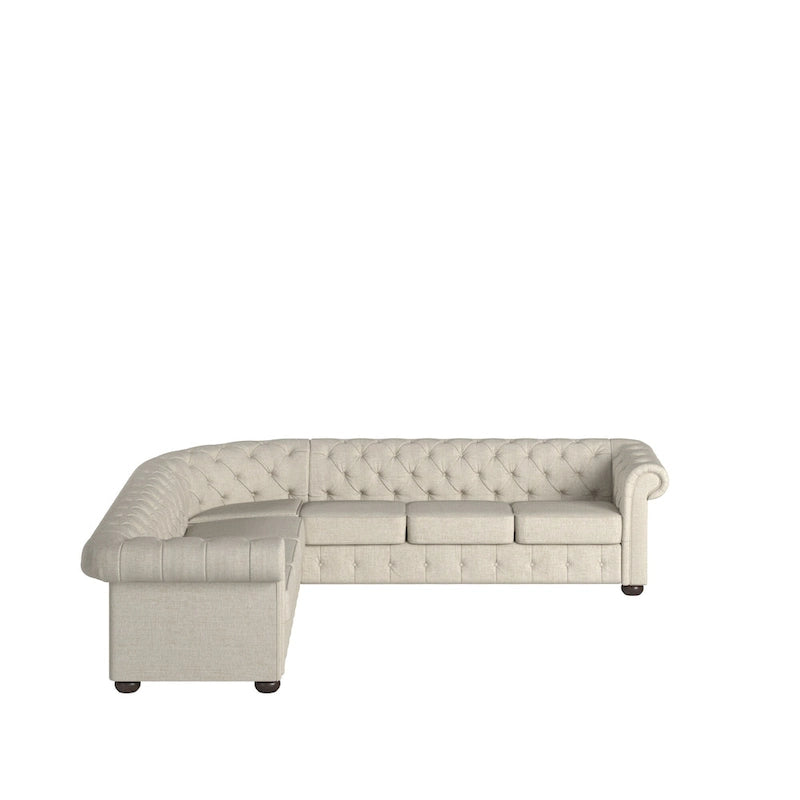 Beige / Grey / Brown Linen, Velvet & Leather Chesterfield L-Shaped Sectional, 7-Seat
