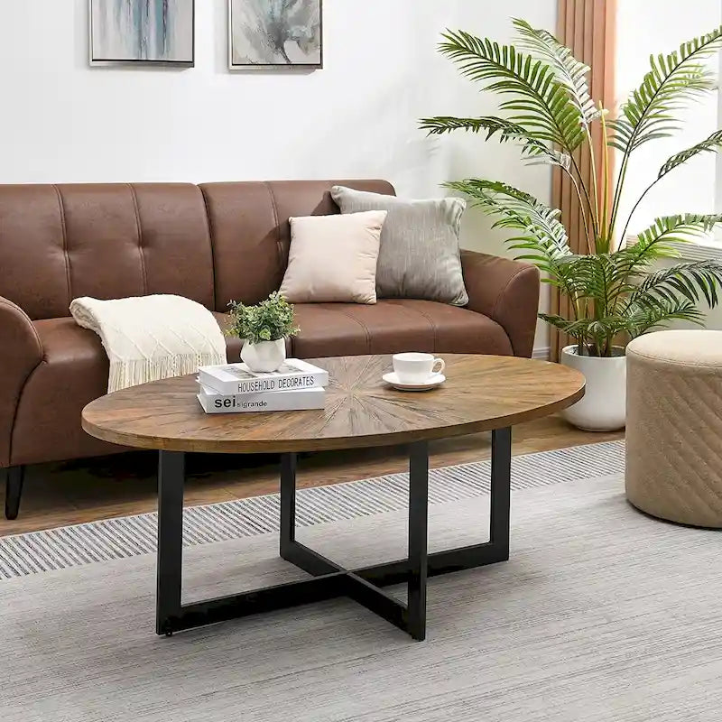 Oval Coffee Table, Black / Brown / Rustic Brown, Cross Metal Base