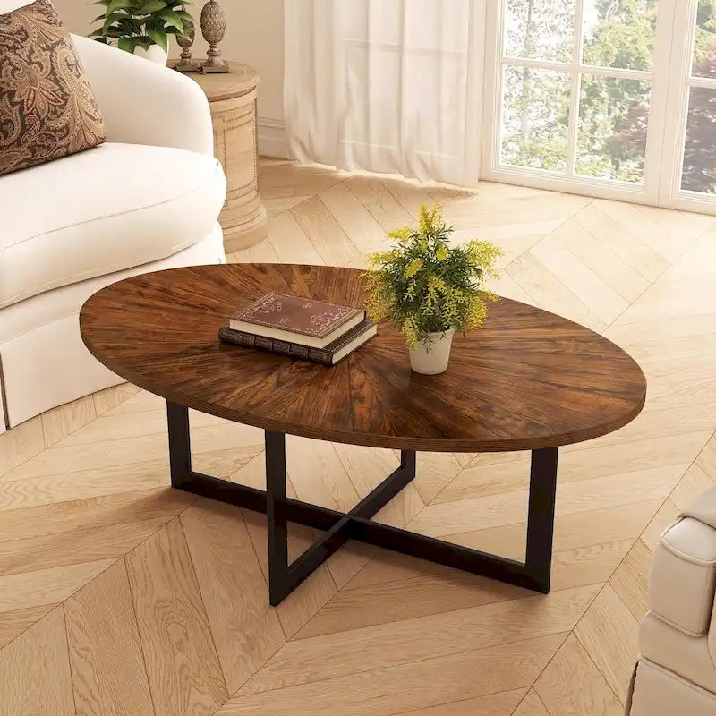 Oval Coffee Table, Black / Brown / Rustic Brown, Cross Metal Base