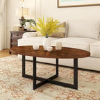 Oval Coffee Table, Black / Brown / Rustic Brown, Cross Metal Base