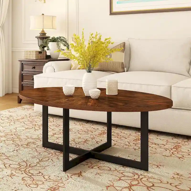 Oval Coffee Table, Black / Brown / Rustic Brown, Cross Metal Base