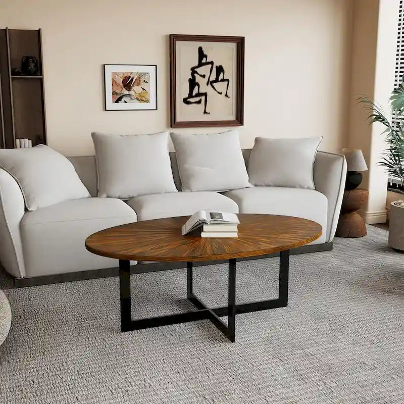 Oval Coffee Table, Black / Brown / Rustic Brown, Cross Metal Base