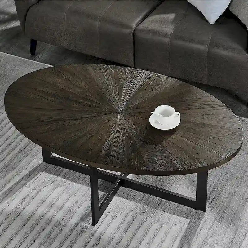 Oval Coffee Table, Black / Brown / Rustic Brown, Cross Metal Base