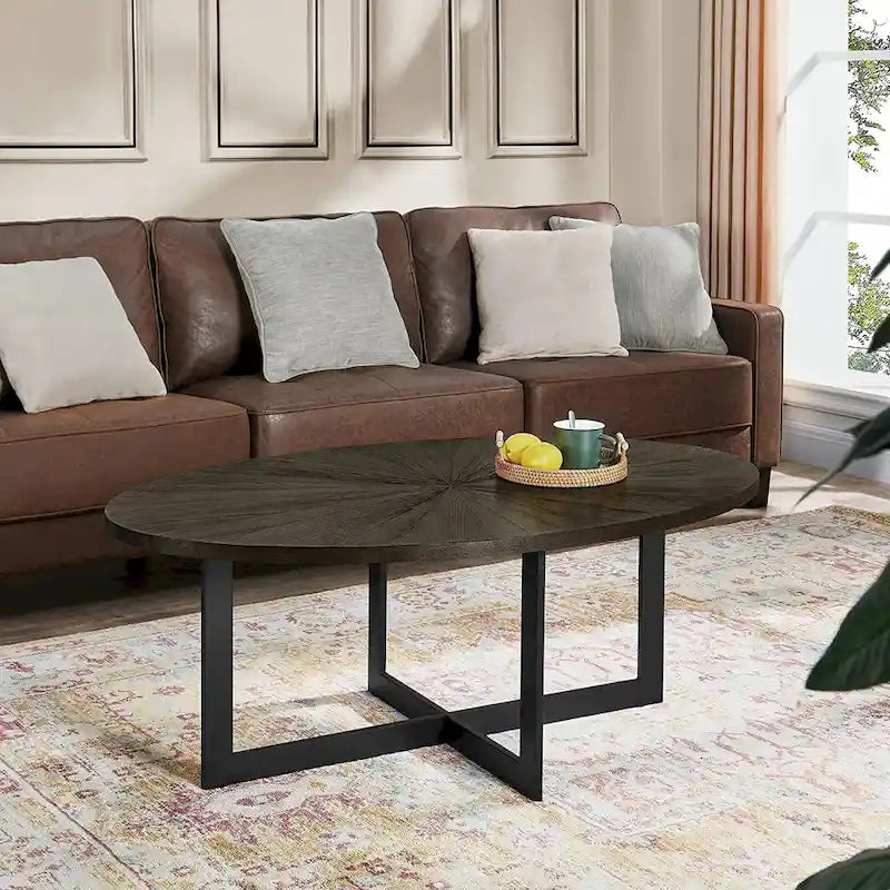 Oval Coffee Table, Black / Brown / Rustic Brown, Cross Metal Base