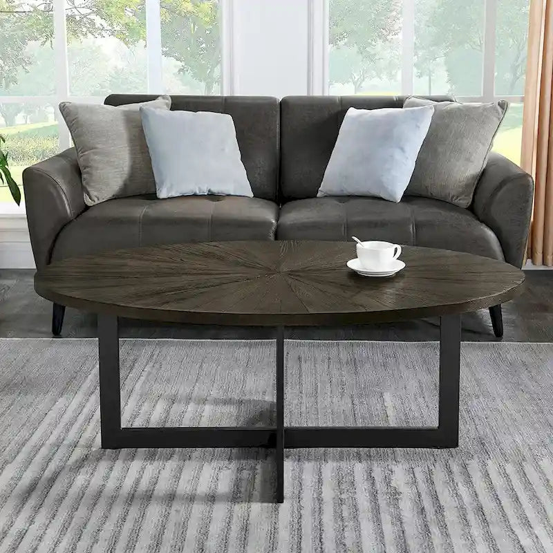 Oval Coffee Table, Black / Brown / Rustic Brown, Cross Metal Base