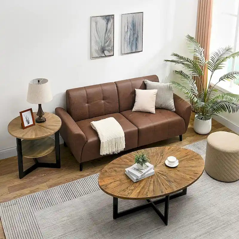 Oval Coffee Table, Black / Brown / Rustic Brown, Cross Metal Base