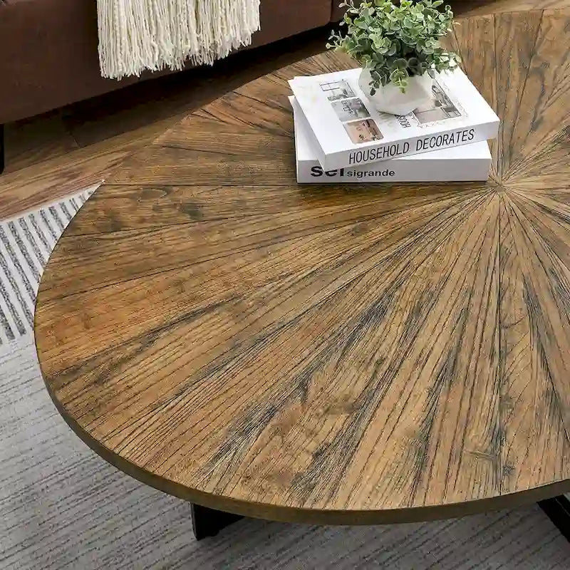 Oval Coffee Table, Black / Brown / Rustic Brown, Cross Metal Base