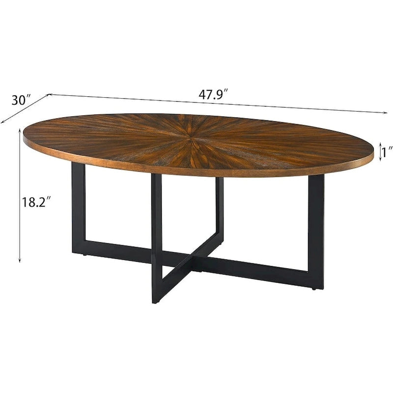 Oval Coffee Table, Black / Brown / Rustic Brown, Cross Metal Base
