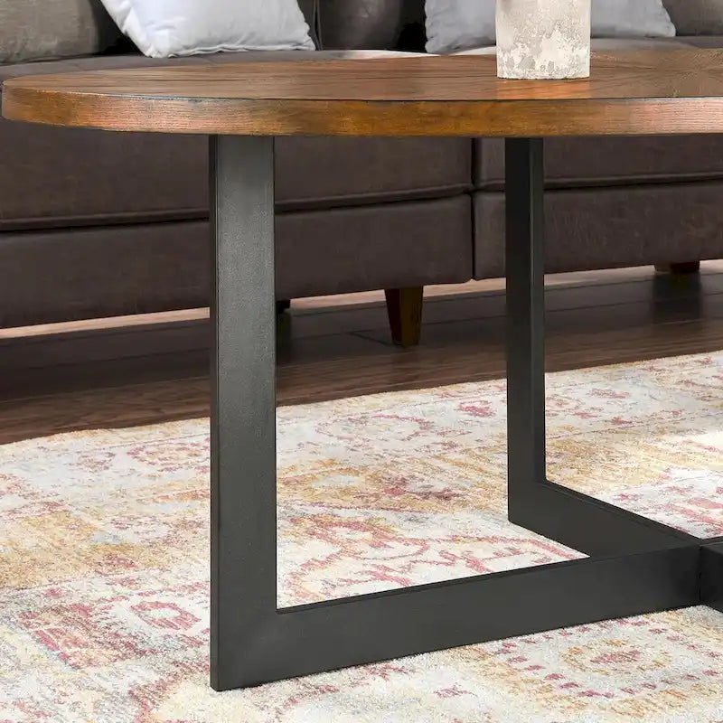 Oval Coffee Table, Black / Brown / Rustic Brown, Cross Metal Base
