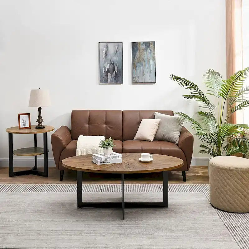 Oval Coffee Table, Black / Brown / Rustic Brown, Cross Metal Base