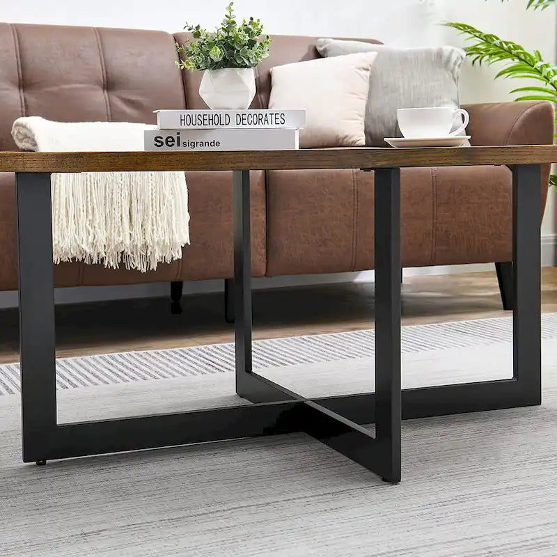 Oval Coffee Table, Black / Brown / Rustic Brown, Cross Metal Base