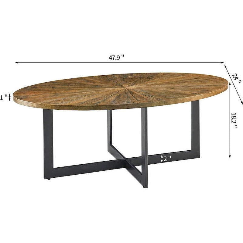 Oval Coffee Table, Black / Brown / Rustic Brown, Cross Metal Base