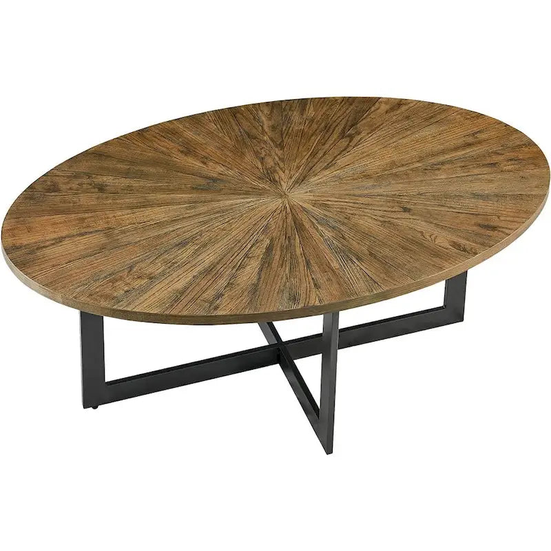 Oval Coffee Table, Black / Brown / Rustic Brown, Cross Metal Base