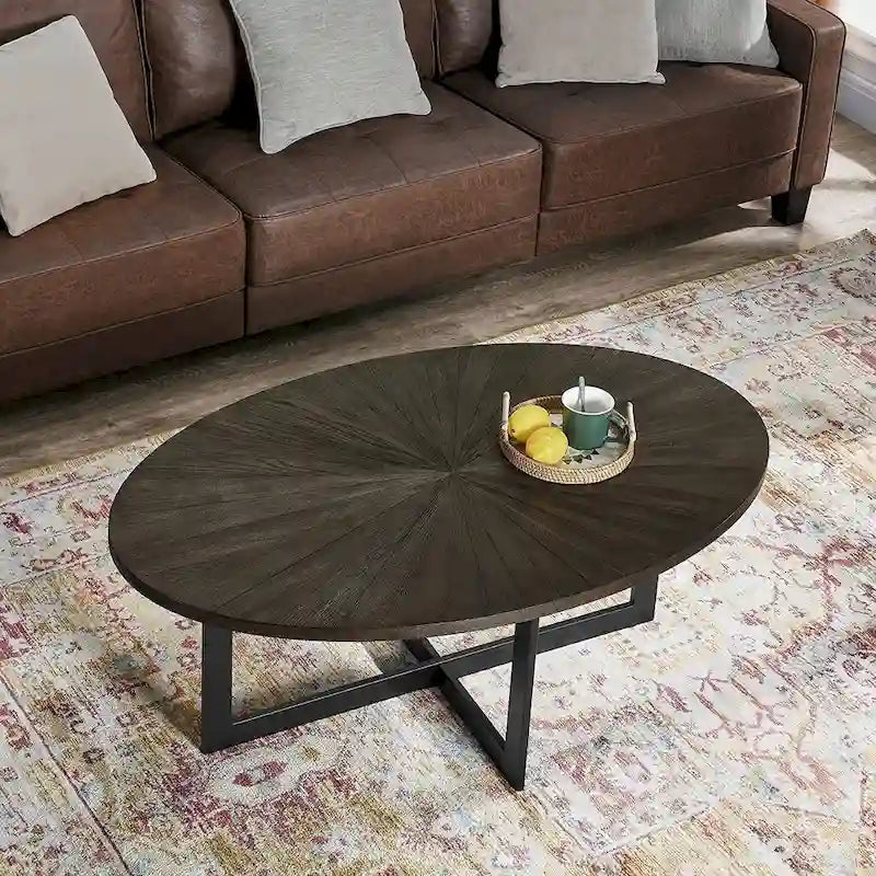 Oval Coffee Table, Black / Brown / Rustic Brown, Cross Metal Base