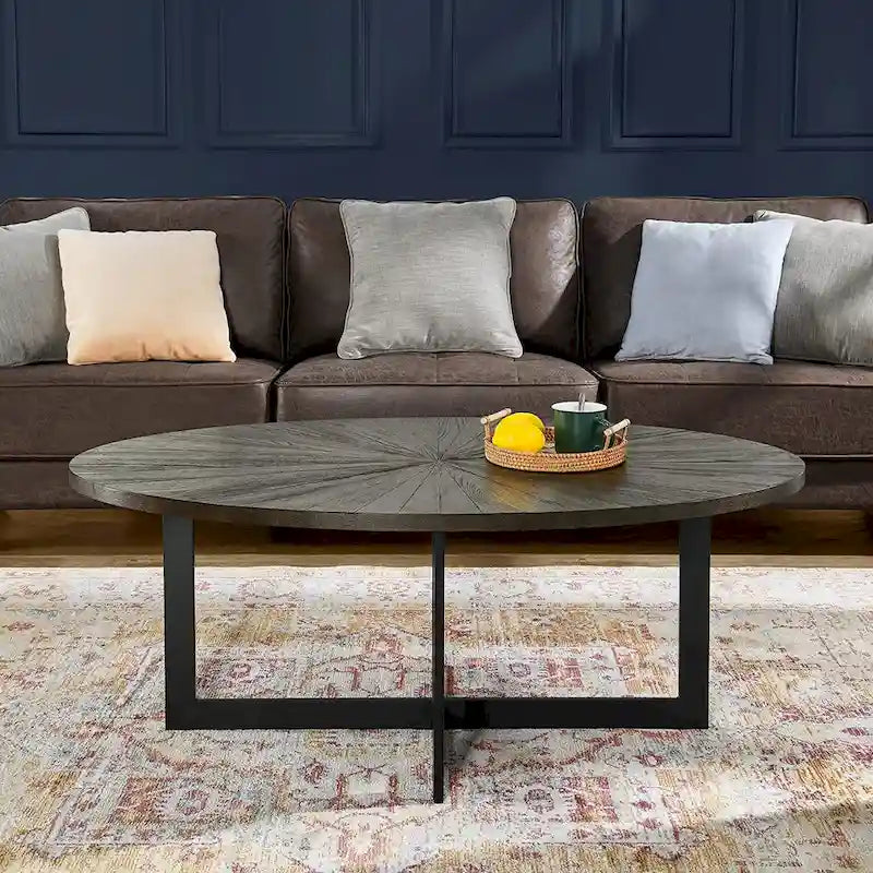 Oval Coffee Table, Black / Brown / Rustic Brown, Cross Metal Base