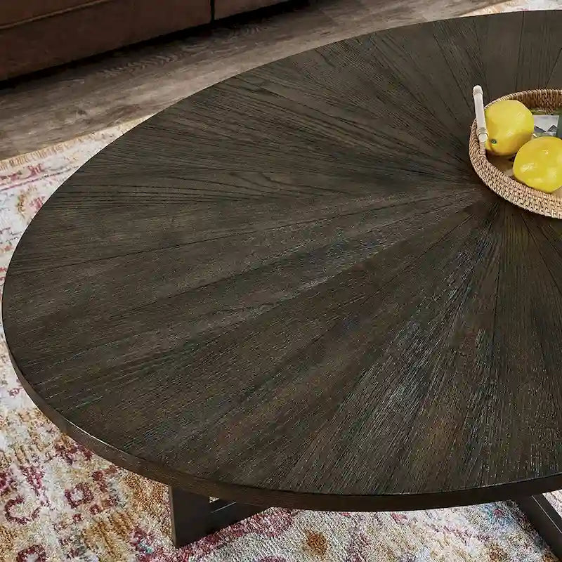 Oval Coffee Table, Black / Brown / Rustic Brown, Cross Metal Base