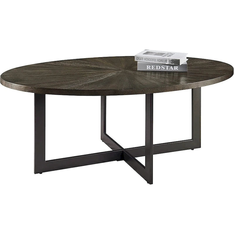 Oval Coffee Table, Black / Brown / Rustic Brown, Cross Metal Base