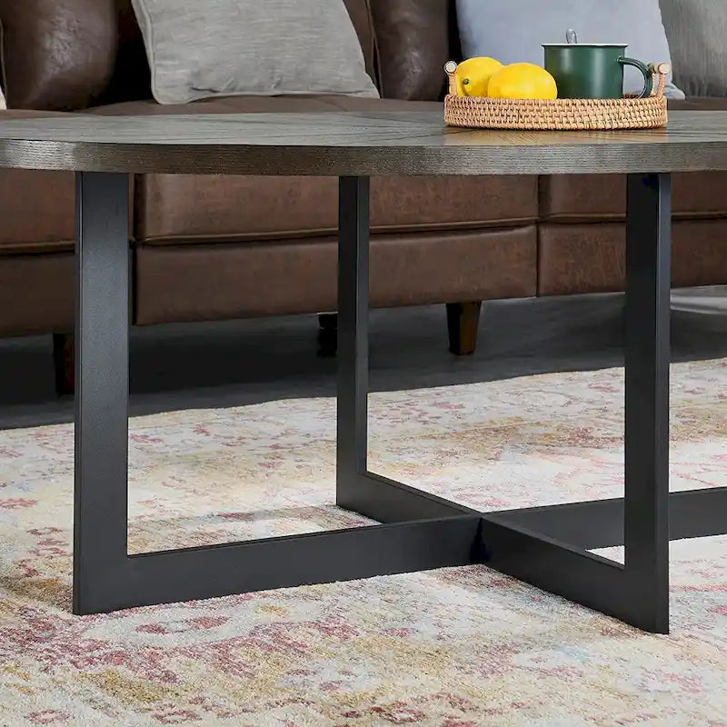 Oval Coffee Table, Black / Brown / Rustic Brown, Cross Metal Base