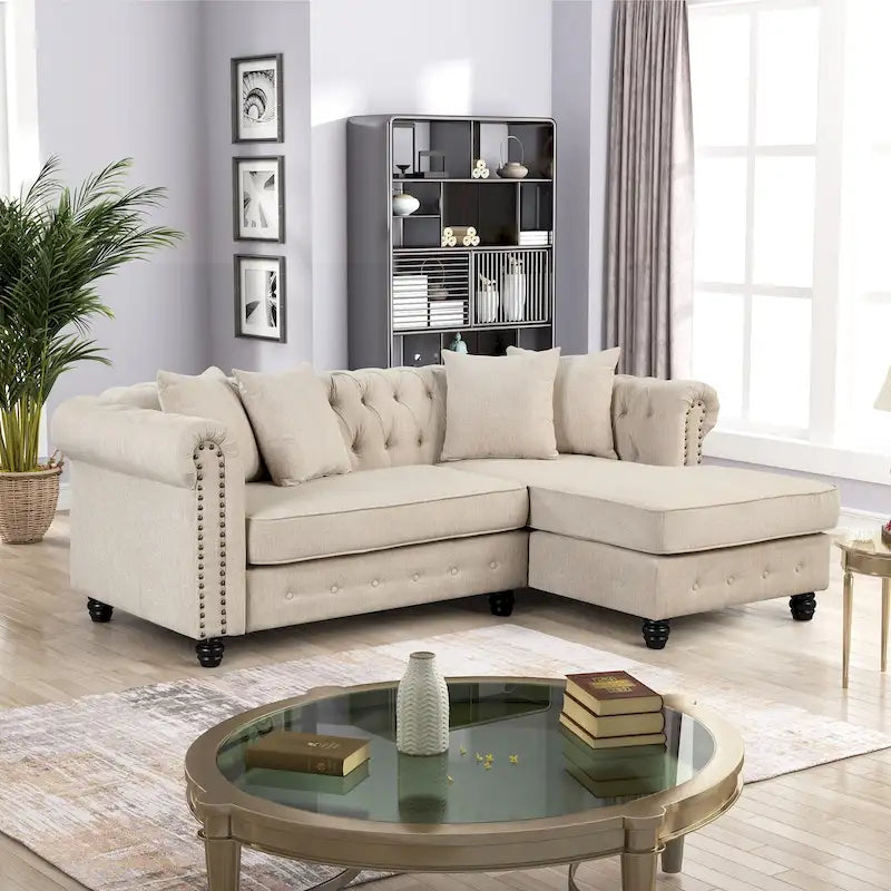 Chesterfield Sofa, Beige/Grey, Linen, 1-Seat