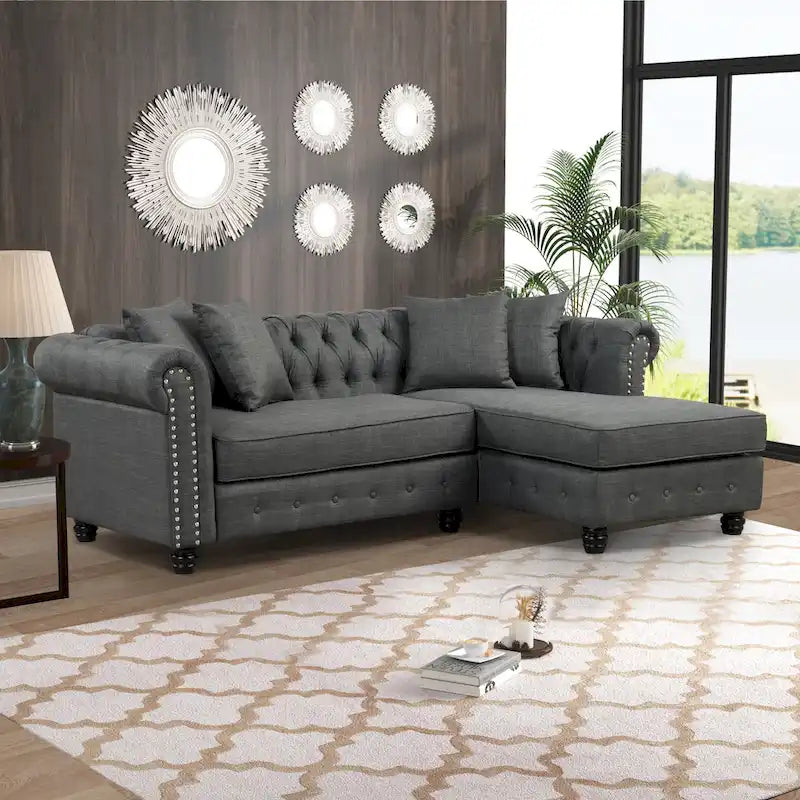 Chesterfield Sofa, Beige/Grey, Linen, 1-Seat