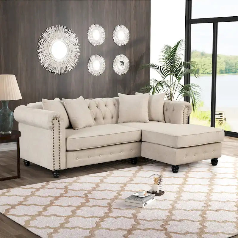 Chesterfield Sofa, Beige/Grey, Linen, 1-Seat
