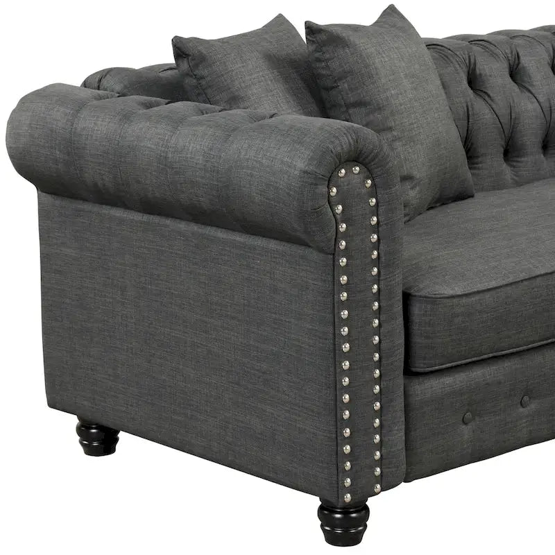 Chesterfield Sofa, Beige/Grey, Linen, 1-Seat
