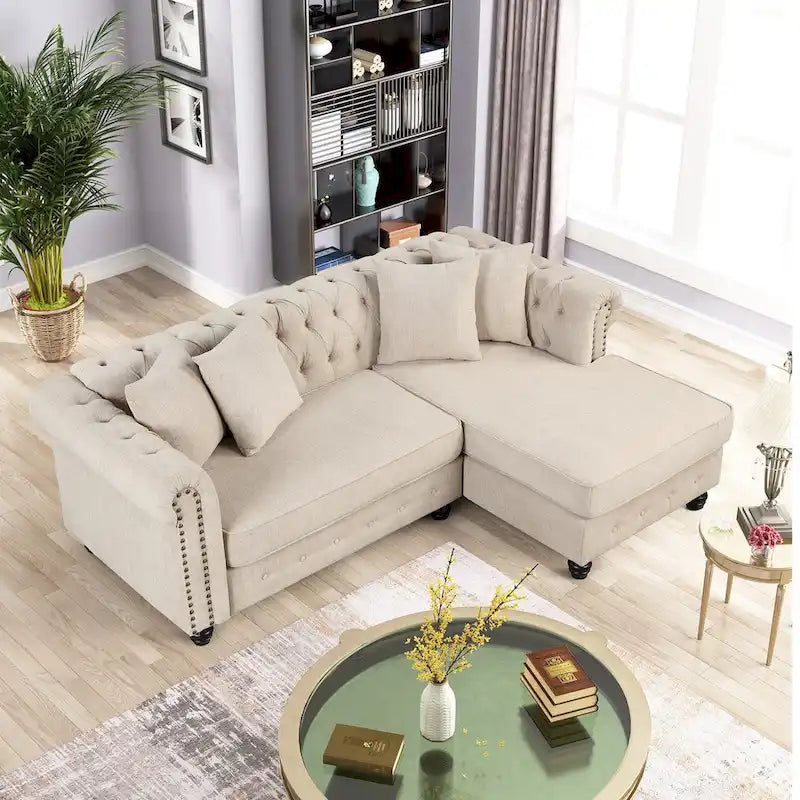 Chesterfield Sofa, Beige/Grey, Linen, 1-Seat