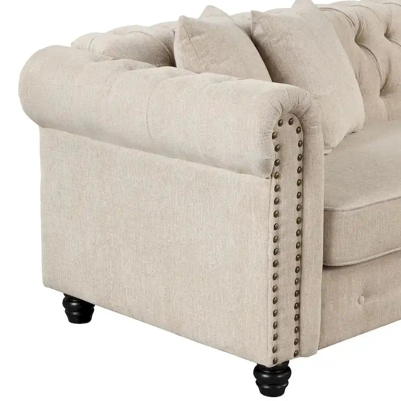 Chesterfield Sofa, Beige/Grey, Linen, 1-Seat