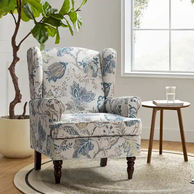 Fabric Wingback Armchair with Turned Legs, Multi-Color, Single