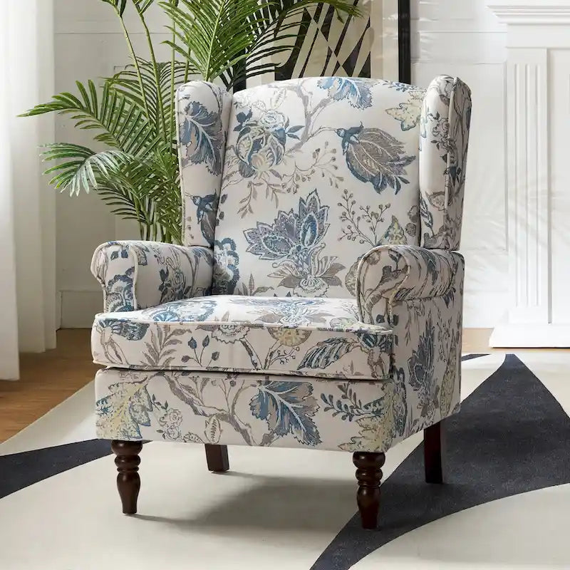 Fabric Wingback Armchair with Turned Legs, Multi-Color, Single