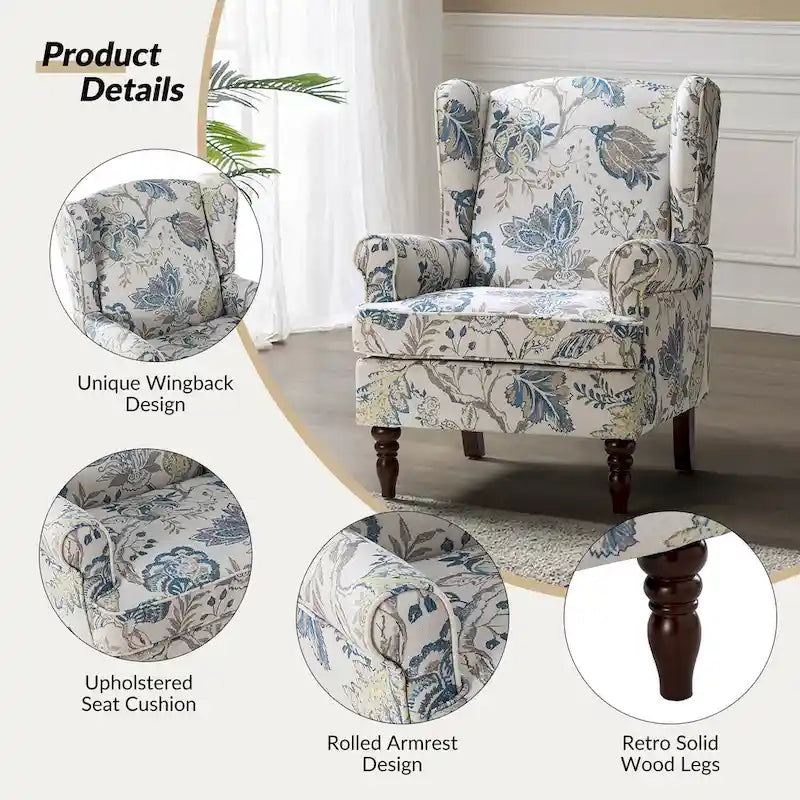 Fabric Wingback Armchair with Turned Legs, Multi-Color, Single