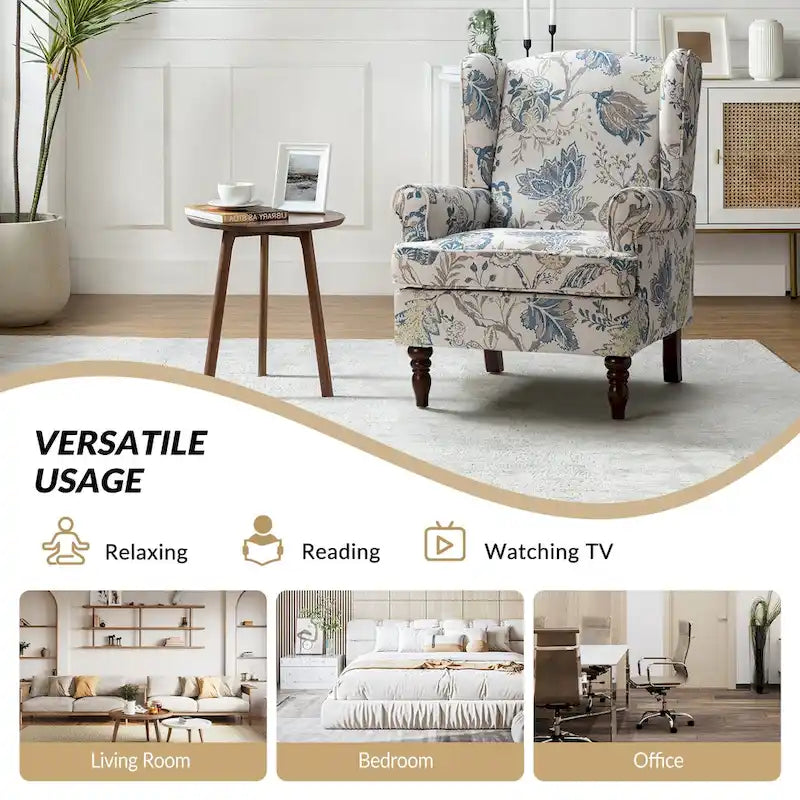 Fabric Wingback Armchair with Turned Legs, Multi-Color, Single