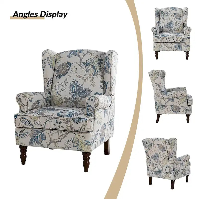 Fabric Wingback Armchair with Turned Legs, Multi-Color, Single