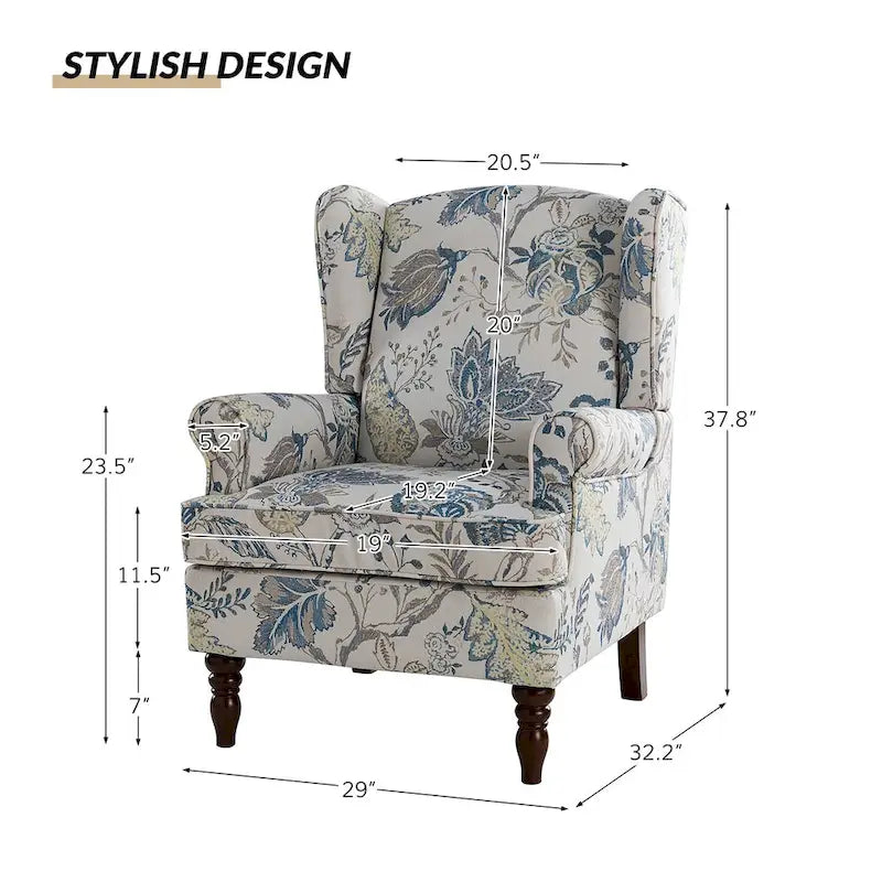 Fabric Wingback Armchair with Turned Legs, Multi-Color, Single