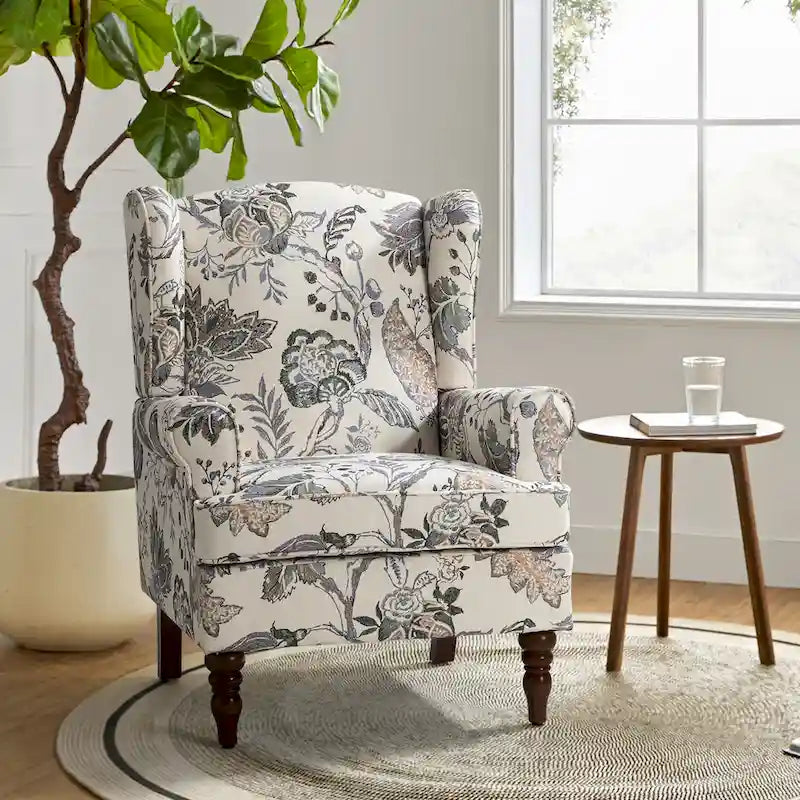 Fabric Wingback Armchair with Turned Legs, Multi-Color, Single
