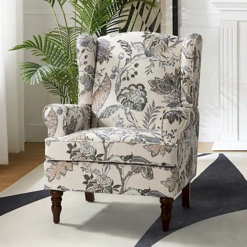 Fabric Wingback Armchair with Turned Legs, Multi-Color, Single