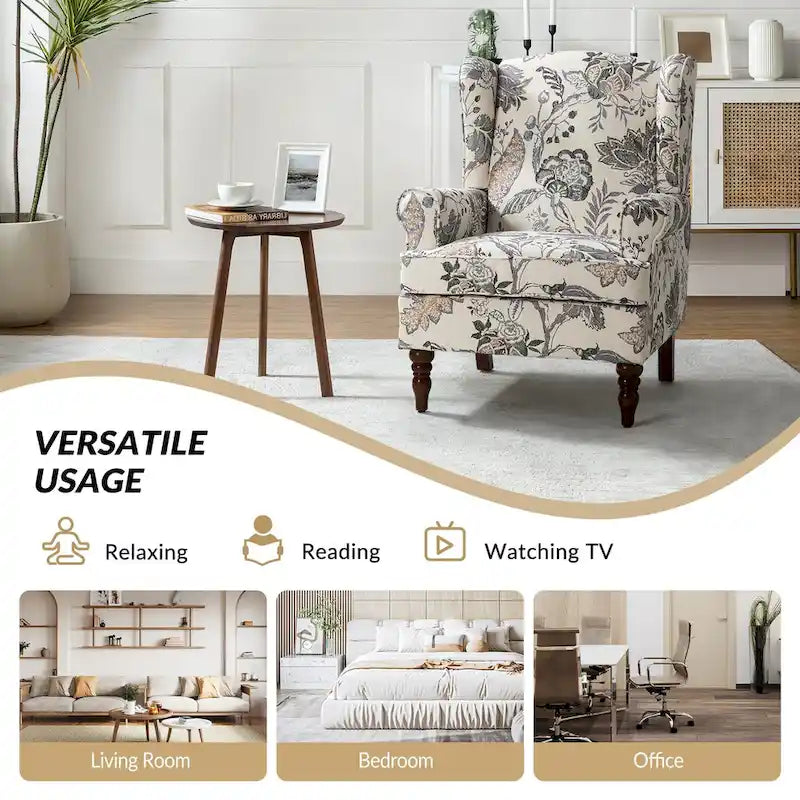 Fabric Wingback Armchair with Turned Legs, Multi-Color, Single