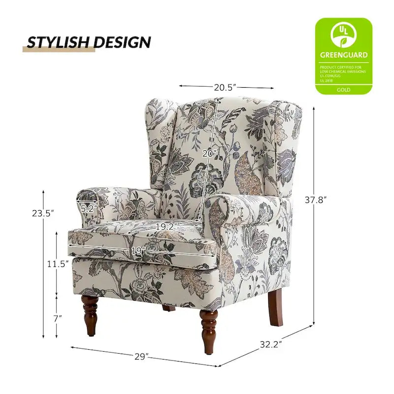 Fabric Wingback Armchair with Turned Legs, Multi-Color, Single